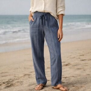 Fair Trade Blue Striped Hemp Tencel Blend Drawstring Pants Womens M Costal
